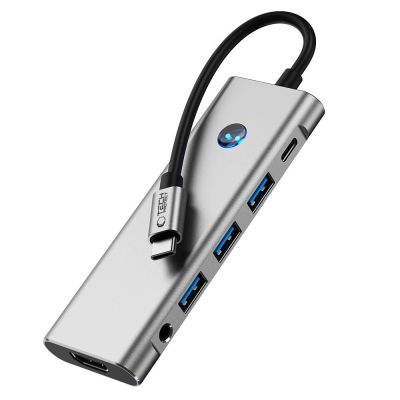 5. Tech-Protect HB04 HUB Adapter 9in1 USB-C + USB2.0 + USB3.0 + HDMI 4K 60Hz + SD/TF + PD100W + AV3.5 - grau