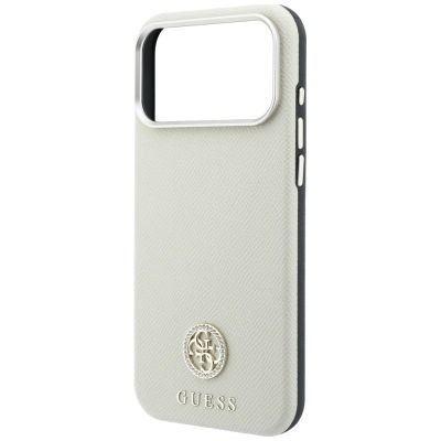 6. Guess MagSafe Hülle mit genarbtem, rundem Strass-Logo für iPhone 18 Pro / 17 Pro – Beige