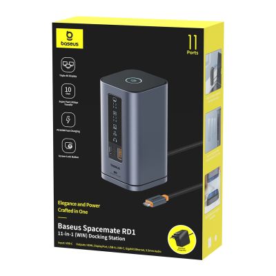 5. Baseus Spacemate RD1 Hub 11-in-1 USB-C Dockingstation – 2x HDMI 4K@60Hz, 2x DP 4K@60Hz, 2x USB-A 10 Gbit/s, USB-C 10 Gbit/s, RJ45, USB-A 480 Mbit/s, USB-C PD Mini-Klinkenanschluss, 3,5-mm-EU-Ladeanschluss – Grau