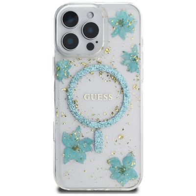 3. Guess Resin Flowers Glitter MagSafe iPhone 16 Pro Hülle - Transparent Grün