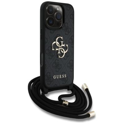 3. Guess 4G Big Logo Cord Stap Crossbody Case für iPhone 16 Pro Schwarz