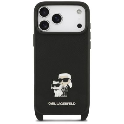 4. Karl Lagerfeld Saffiano Karl&Choupette Metall-Pin CBDY Schutzhülle für iPhone 18 Pro / 17 Pro - Schwarz
