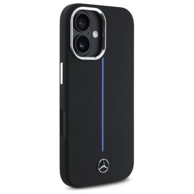 4. Mercedes Silikonhülle mit blauem Streifen und MagSafe-Funktion für iPhone 16 – Schwarz