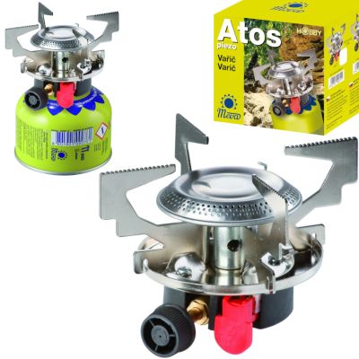 Gas-Campingkocher mit Gaskartuschen (Gewinde oder Ventil) ATOS Piezo-Zünder 1,8 kW