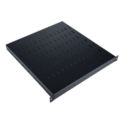 5. 19" verstellbarer Einlegeboden, 1 HE, Tiefe 500-900 mm, Tragfähigkeit 100 kg, 4-Punkt-Befestigung, schwarz, Schrauben im Lieferumfang enthalten.