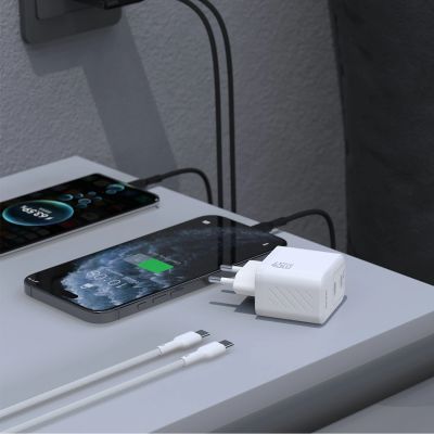 3. Dudao A28PCEU PD 45W GaN 2xUSB-C Wandladegerät mit USB-C-Kabel – Weiß