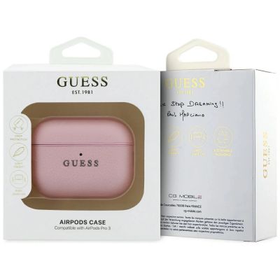4. Guess AirPods Pro 3 Hülle mit klassischem Logo und natürlicher Maserung – Pink