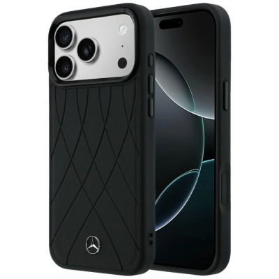 Mercedes Lederhülle mit gekreuzten Linien und MagSafe-Design für iPhone 17 Pro Max – Schwarz