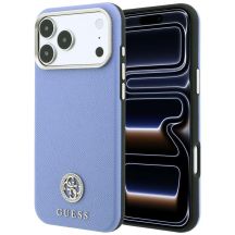 Guess MagSafe Hülle mit genarbtem, rundem Strass-Logo für iPhone 18 Pro Max / 17 Pro Max – Blau