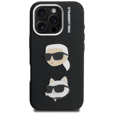 3. Karl Lagerfeld FW Grained Karl & Choupette Heads Pins Hülle für iPhone 16 Pro Max - Schwarz