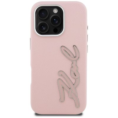 3. Karl Lagerfeld FW iPhone 16 Pro Max Hülle mit genarbtem Logo – Pink
