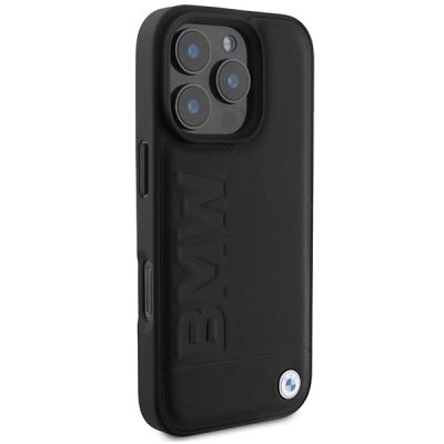4. BMW Lederhülle mit Heißprägung und MagSafe-Verzierung für iPhone 16 Pro – Schwarz