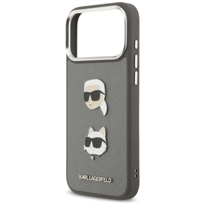 6. Karl Lagerfeld FW Grained Karl & Choupette Heads Pins & Logo iPhone 17 Pro Max Hülle - Grau