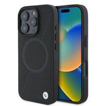BMW Signature Leather Half Textured & Circle MagSafe Hülle für iPhone 16 Pro – Schwarz