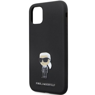 6. Karl Lagerfeld KLHCN61SMHKNPK Hülle für iPhone 11 / Xr – schwarz Silikon Ikonik Metall Pin
