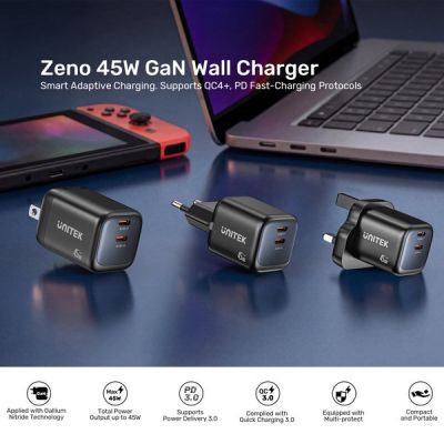 35. UNITEK 2x GAN 45W Ladegerät, 2x USB-C PD 3.0, QC, Schwarz