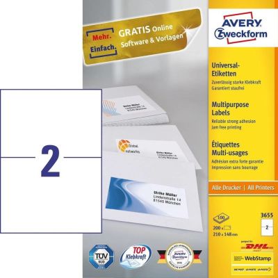 2. Avery 3655 Selbstklebende Etiketten Rechteckig Permanent Weiß 200 Stück.
