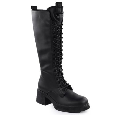 6. Damen-Lederstiefel im Offiziersstil mit Schnürung und Blockabsatz, schwarz, Vinceza 66804