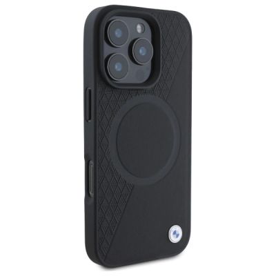 4. BMW Sign Leather Half Textured And Circle MagSafe-Hülle für iPhone 16 Pro Max – Schwarz