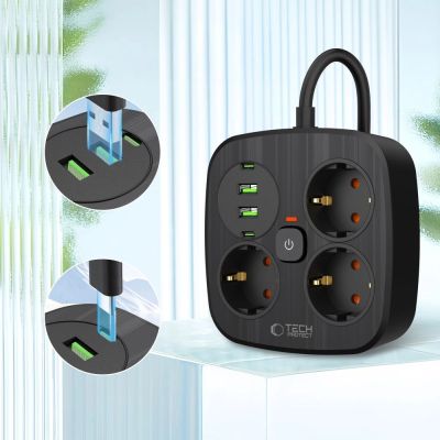 3. Tech-Protect PCS3X4 Steckdosenleiste, 3 Steckdosen, 2xUSB-A, 2xUSB-C 200 cm - schwarz
