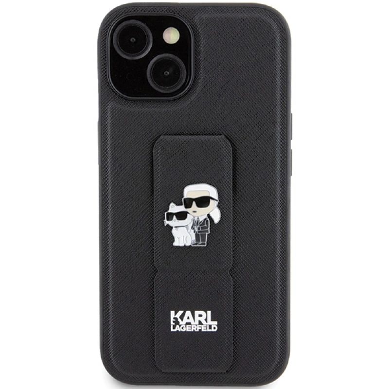 3. Karl Lagerfeld Gripstand Saffiano Karl&Choupette Pins Hülle für iPhone 15 – Schwarz