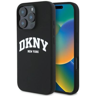 DKNY Silikon-MagSafe-Hülle mit weißem bedrucktem Logo für iPhone 16 Pro – Schwarz
