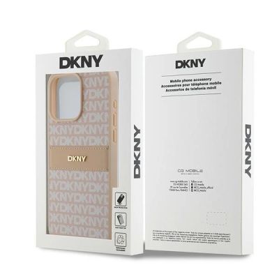 8. DKNY Lederhülle mit Monostreifen und Metalllogo für iPhone 15 Pro Max – Rosa