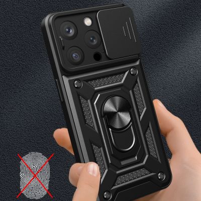 3. Hybrid Armor Camshield iPhone 15 Pro Hülle mit Ständer und Kameraabdeckung – Blau