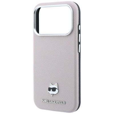 6. Karl Lagerfeld MagSafe-Schutzhülle mit Choupette-Kopf-Motiv aus genarbtem Metall für iPhone 17 Pro / 18 Pro – Pink