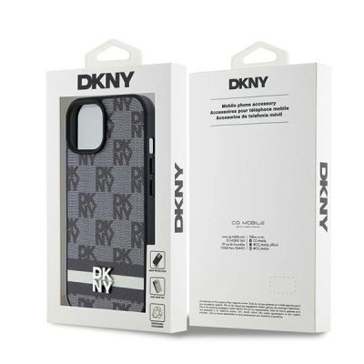 8. DKNY Lederhülle mit kariertem Monomuster und bedruckten Streifen für iPhone 15/14/13 – Schwarz