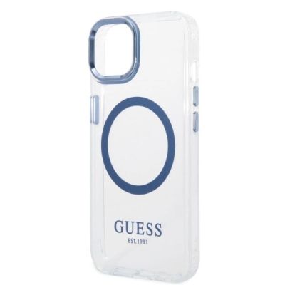 6. Guess Metal Outline MagSafe Hülle für iPhone 14 Plus – blau