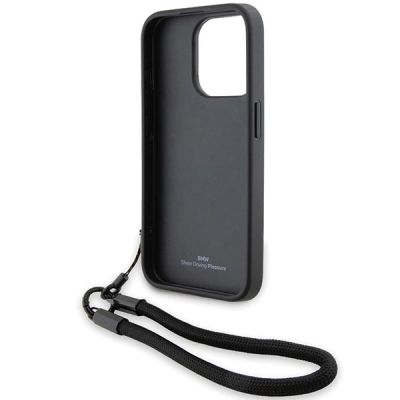 6. BMW Signature Leder-Wordmark-Cord-Hülle für iPhone 15 Pro – Schwarz
