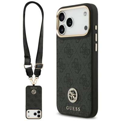 Guess 4G Srtass Logo & Big Strap Metal Buttons MagSafe Case für iPhone 17 Pro Max - Schwarz