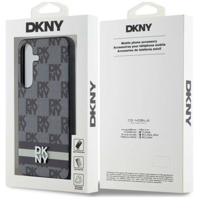 9. DKNY Lederhülle mit kariertem Monomuster und bedruckten Streifen für Samsung Galaxy S24+ – Schwarz