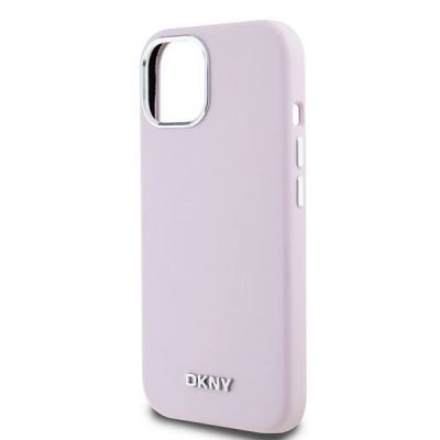 6. DKNY Flüssigsilikon-Hülle mit kleinem Metalllogo und MagSafe-Funktion für iPhone 15 / 14 / 13 – Pink