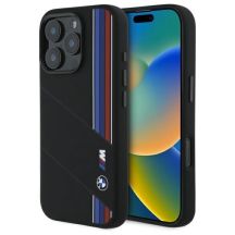BMW Silikon Cut Tricolor Lines MagSafe Hülle für iPhone 16 Pro – Schwarz
