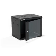 Wandschrank 19" 9U 600x450, (zweiteilig optional) einflügelige Glastür, vollständig abnehmbare Rückwand, vollständig abnehmbare Seitenwände, abschließbar, 4 Träger, schwarz, ALANTEC