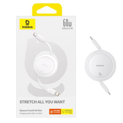 9. Baseus Free2Pull 60W USB-C Einziehbares Kabel – USB-C 1 m – Weiß