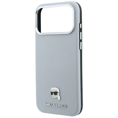6. Karl Lagerfeld MagSafe-Schutzhülle mit genarbtem Karl-Kopf-Motiv für iPhone 18 Pro / 17 Pro – Grau
