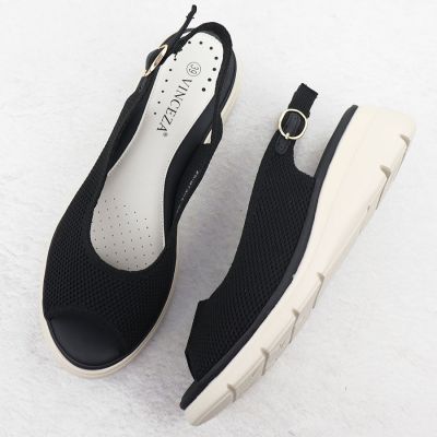 3. Schwarze Damen-Keilsandalen aus Textil, Modell Vinceza 97303