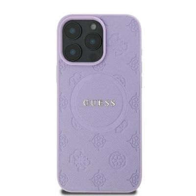 3. Guess Saffiano Peony Classic Logo MagSafe-Hülle für iPhone 16 Pro Max – Lila