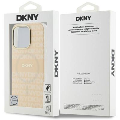 8. DKNY Repeat Texture Pattern & Stripe MagSafe Hülle für iPhone 16 Pro – Rosa