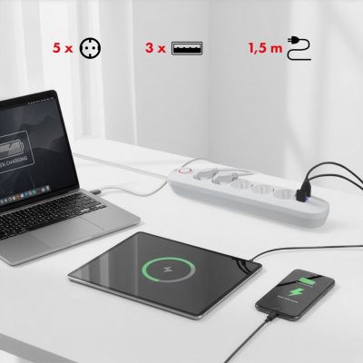 11. MACLEAN Steckdosenleiste mit 5 Steckdosen + 3 USB-Anschlüssen, 110–240 V Wechselstrom, 50/60 Hz, max. 2,1 A, 2500 W, 1,5 m, Weiß, MCE395W