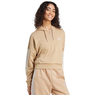 4. Damen Essentials 3-Streifen French Terry Hoodie mit Viertelreißverschluss Beige JX7676