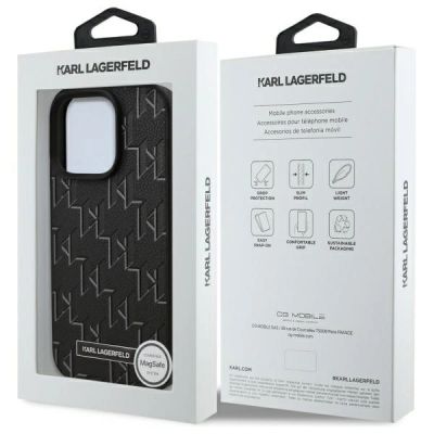 8. Karl Lagerfeld MagSafe-Hülle aus Leder mit Monogramm und Metalllogo für iPhone 16 Pro – Schwarz