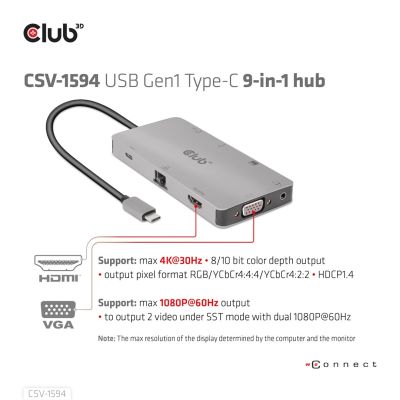 10. CLUB3D CSV-1594 USB 3.2 Gen 1 (3.1 Gen 1) Typ-C Dockingstation, Schwarz, Grau