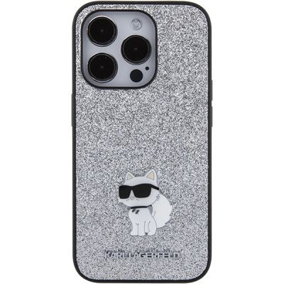 3. Karl Lagerfeld Feste Glitzer-Choupette-Logo-Metallnadelhülle für iPhone 15 Pro – Silber