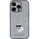 3. Karl Lagerfeld Feste Glitzer-Choupette-Logo-Metallnadelhülle für iPhone 15 Pro – Silber
