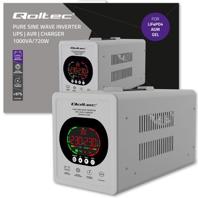 5. USV Qoltec 50451 Sinus-Wechselrichter 1000 VA/720 W 12/230 V mit AVR | LCD | LiFePO4 AGM-Gel-Akku
