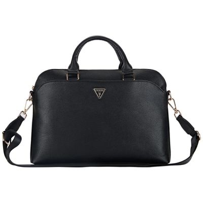 Guess – Grained Zipper Pocket Triangle Logo 15-Zoll-Laptoptasche – Schwarz